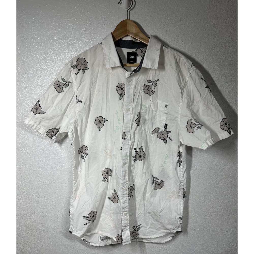 Vans Shirt Mens Large White Floral Button Up Classic Fit Short Sleeve Casual